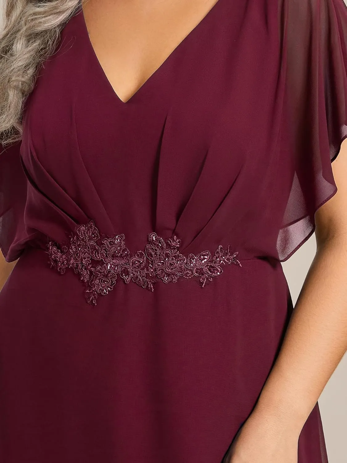 Ever-Pretty Women's Plus V Neck Applique Short Sleeves Maxi Formal Wedding Guest Dress
