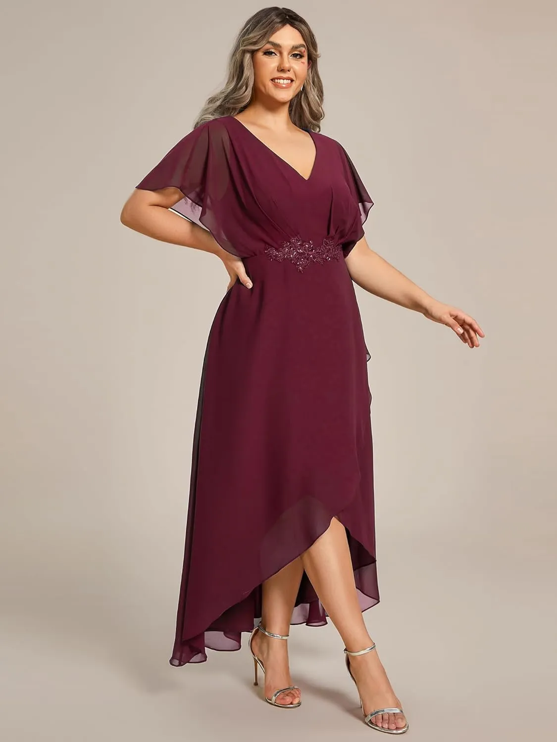 Ever-Pretty Women's Plus V Neck Applique Short Sleeves Maxi Formal Wedding Guest Dress