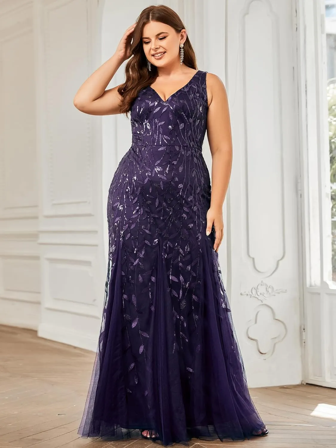Ever-Pretty Women's Sequin V Neck Sleeveless Bodycon Mermaid Plus Size Formal Evening Gowns Prom Dresses 07886-PZUSA
