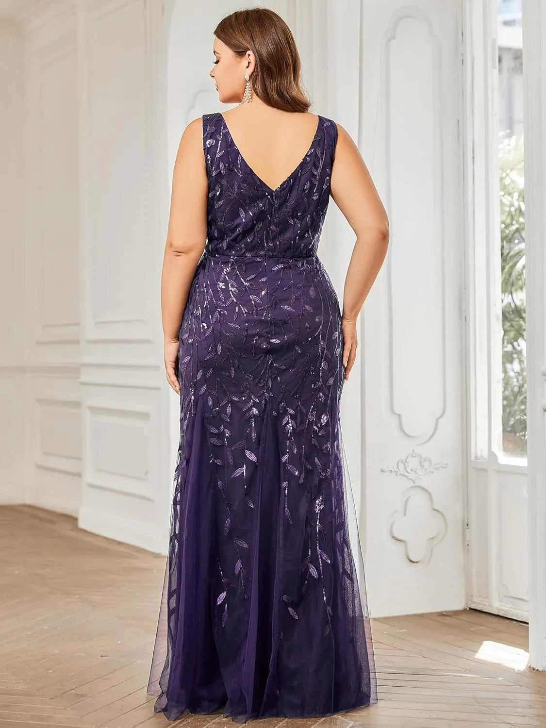 Ever-Pretty Women's Sequin V Neck Sleeveless Bodycon Mermaid Plus Size Formal Evening Gowns Prom Dresses 07886-PZUSA