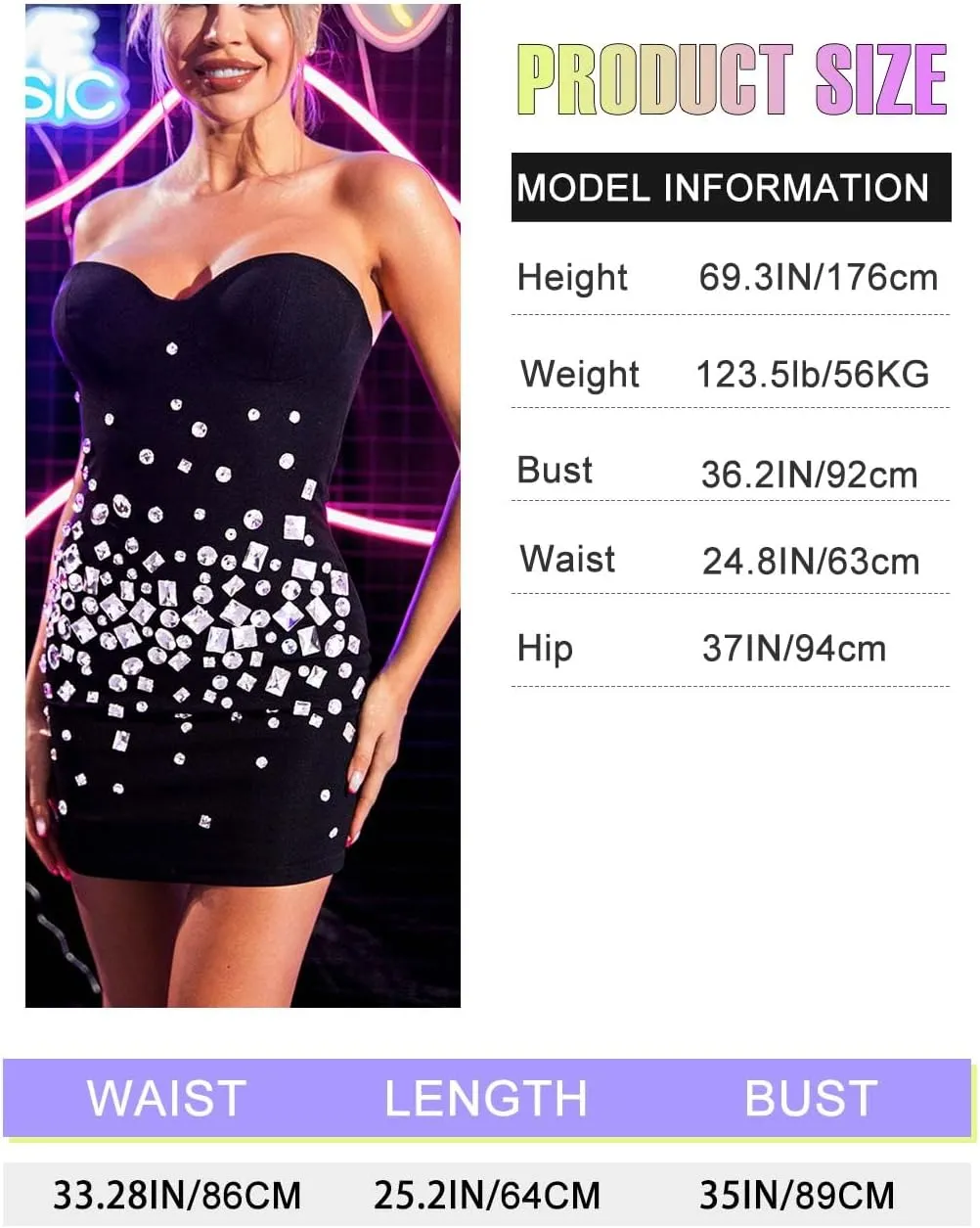 EVILD Sparkly Rhinestone Dress Black Sexy Bodycon Dresses Rave Club Mini Dress for Women