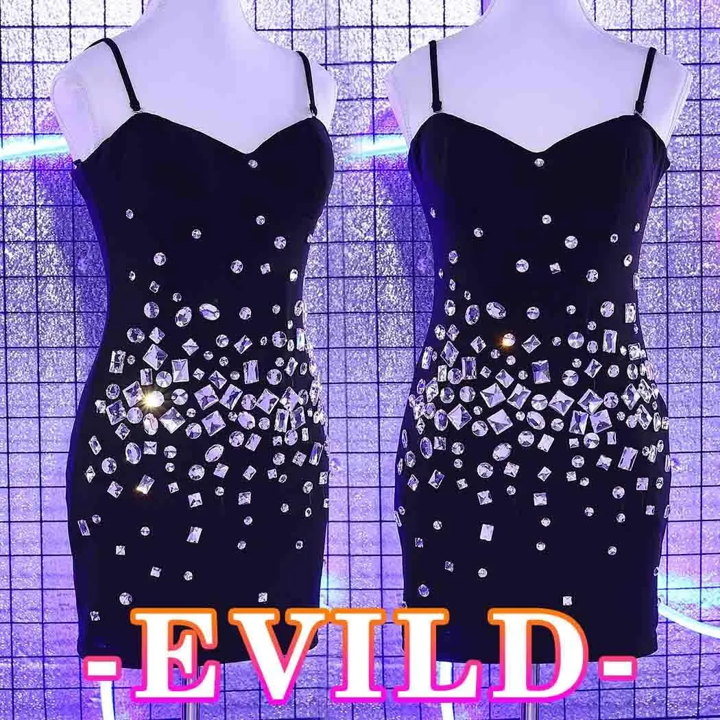 EVILD Sparkly Rhinestone Dress Black Sexy Bodycon Dresses Rave Club Mini Dress for Women