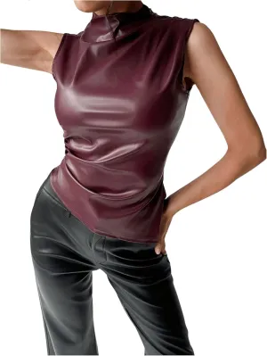 Floerns Women's Ruched Sleeveless Shirts PU Leather Mock Neck Asymmetrical Hem Y2k Tank Top