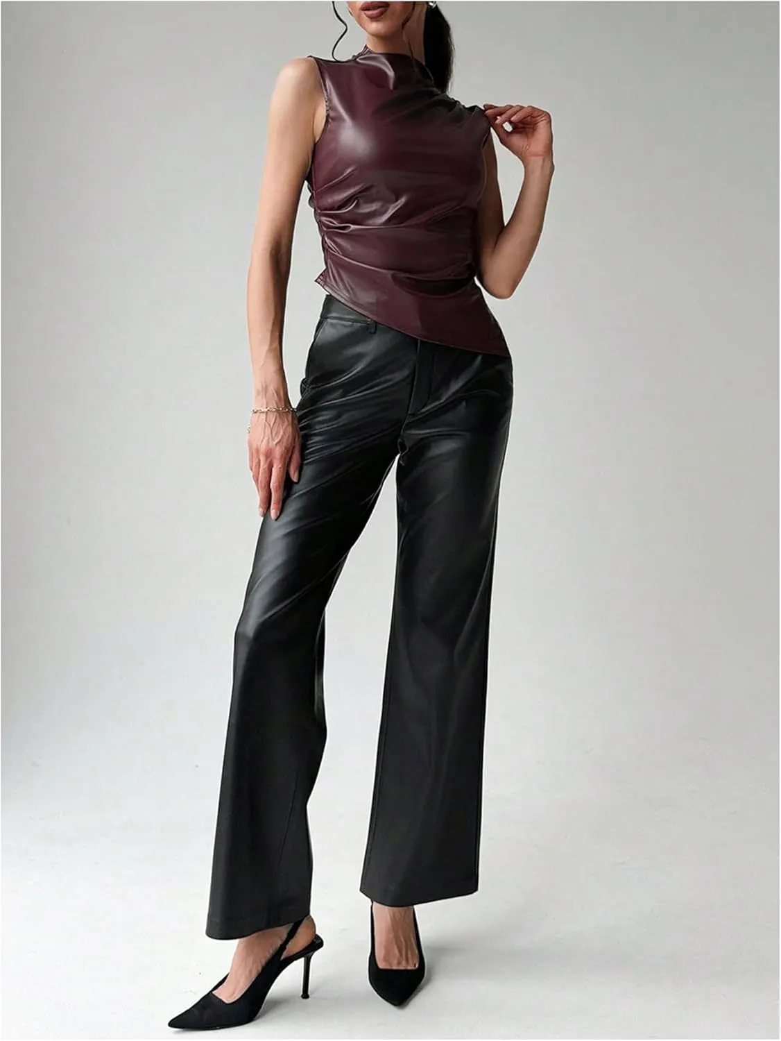Floerns Women's Ruched Sleeveless Shirts PU Leather Mock Neck Asymmetrical Hem Y2k Tank Top