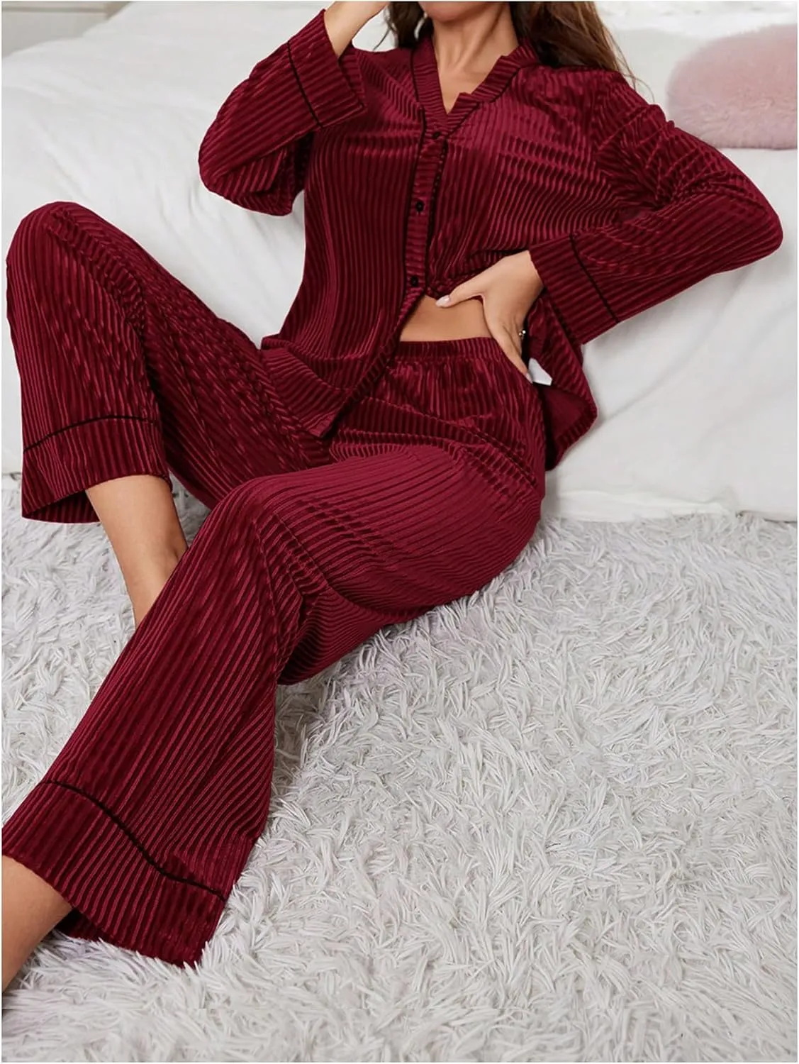 Floerns Women's Velvet Pajama Set Long Sleeve Button Shirts with Pants Lounge Sleepwear
