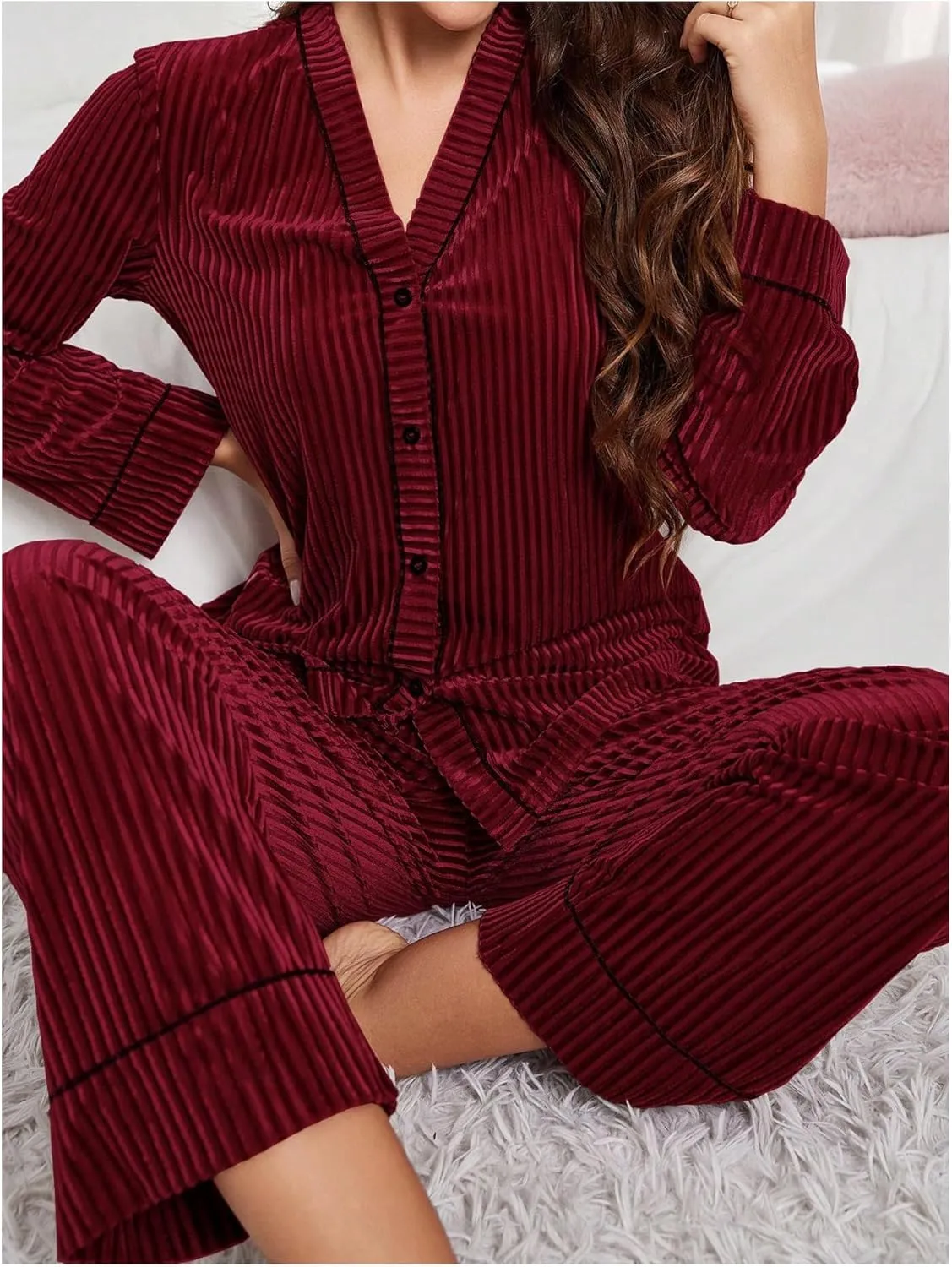 Floerns Women's Velvet Pajama Set Long Sleeve Button Shirts with Pants Lounge Sleepwear