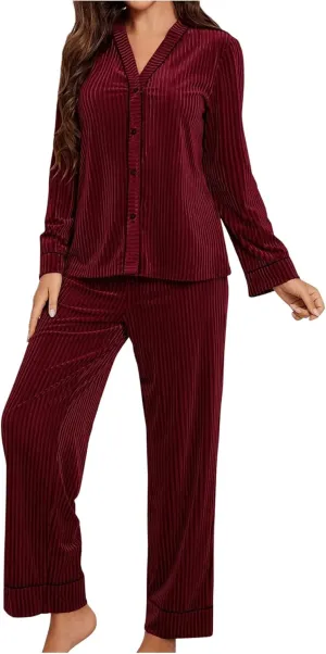 Floerns Women's Velvet Pajama Set Long Sleeve Button Shirts with Pants Lounge Sleepwear