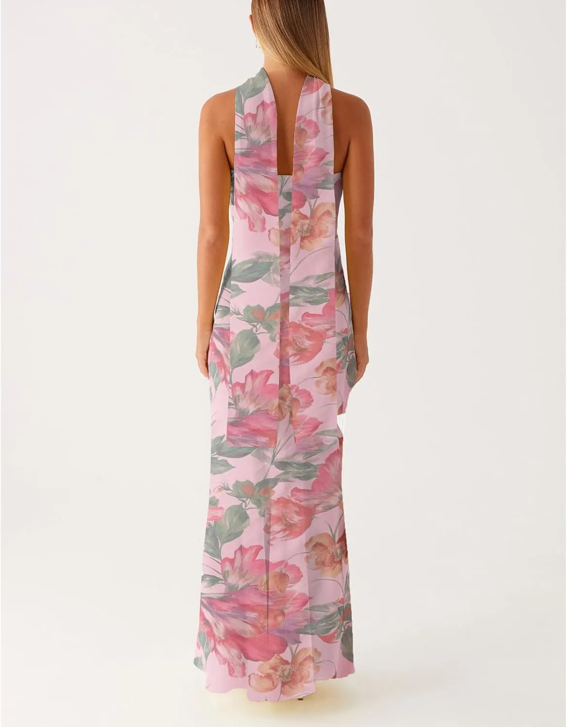 Floral Strapless Maxi Dress with Neck Scarf Sexy Backless Bodycon Tube Formal Long Dresses Flower Mesh Summer Sundress