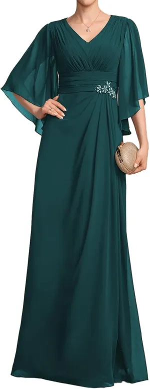 Flutter Sleeve Plus Size Mother Bride Dresses Black Long Ruffles A Line Formal Evening Gowns for Women V Neck YB81