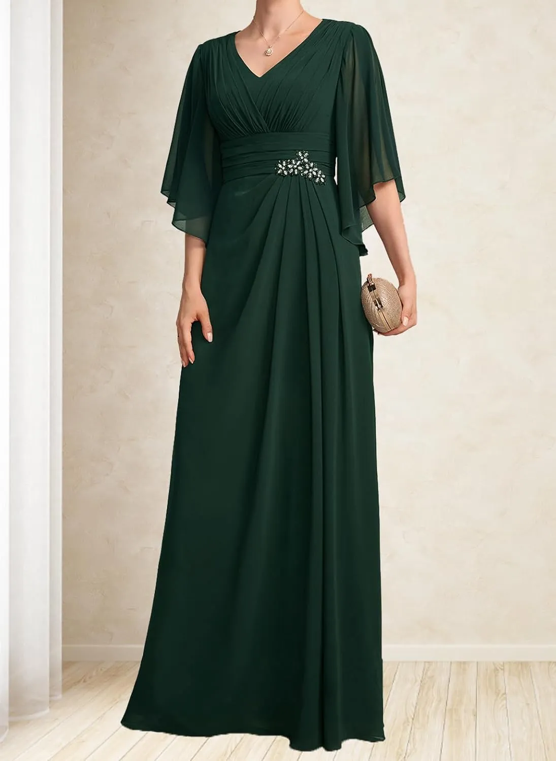 Flutter Sleeve Plus Size Mother Bride Dresses Black Long Ruffles A Line Formal Evening Gowns for Women V Neck YB81