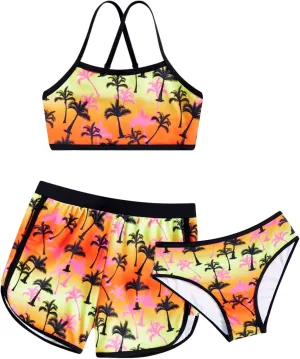 Funnycokid Girls Swimsuit 3 Piece Hawaii Bathing Suit Bikini Set with Shorts Swimwear 7-14 Years