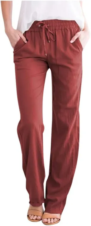 FZVYD Cotton Linen Women's Casual Pants Wide Leg Elastic Drawstring Low Waist Loose Comfy Baggy Long Trousers with Pockets