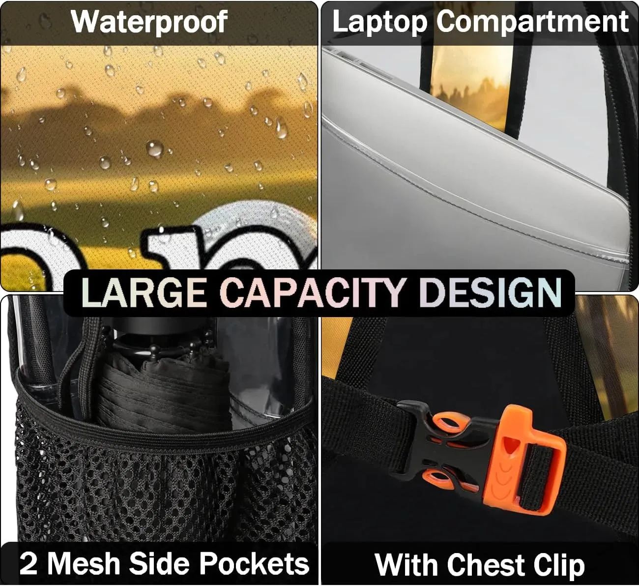Golf Ball Sunset Personalized Clear Backpack Custom Waterproof PVC Transparent Backpack with Name Heavy Duty Transparent Bag for Work Travel Concerts