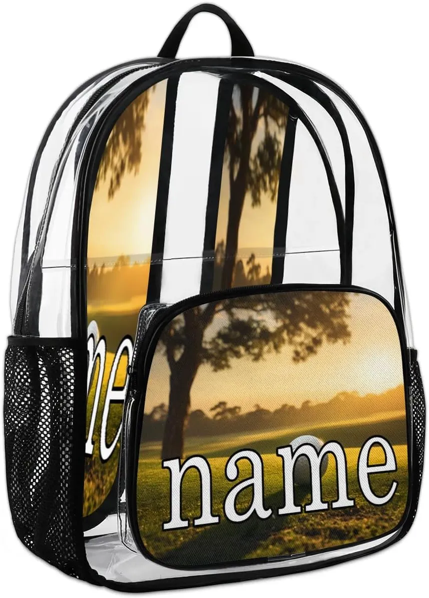 Golf Ball Sunset Personalized Clear Backpack Custom Waterproof PVC Transparent Backpack with Name Heavy Duty Transparent Bag for Work Travel Concerts