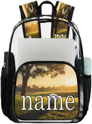 Golf Ball Sunset Personalized Clear Backpack Custom Waterproof PVC Transparent Backpack with Name Heavy Duty Transparent Bag for Work Travel Concerts