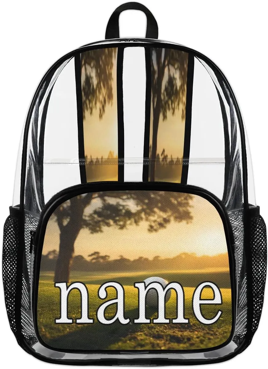 Golf Ball Sunset Personalized Clear Backpack Custom Waterproof PVC Transparent Backpack with Name Heavy Duty Transparent Bag for Work Travel Concerts