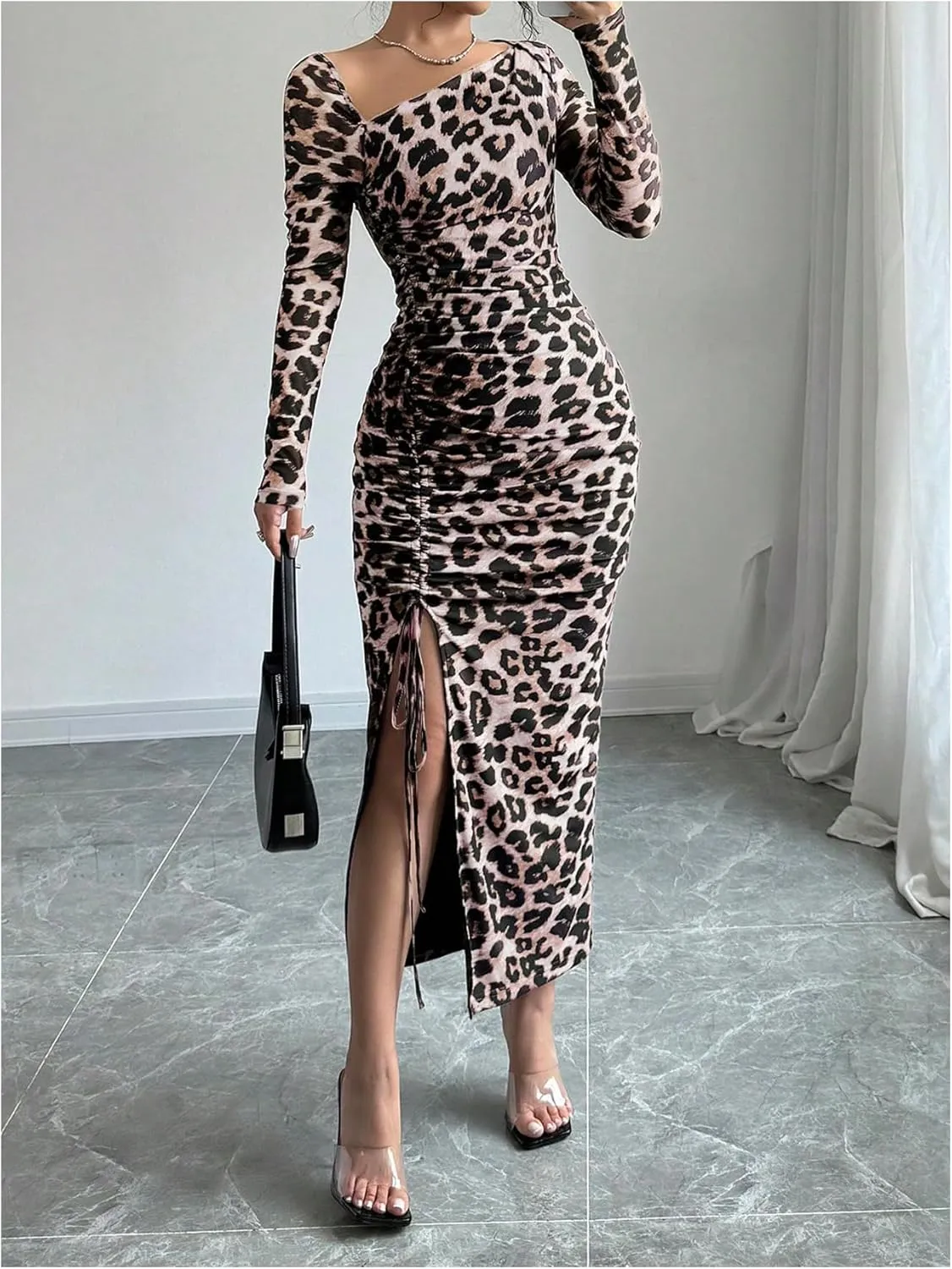 GORGLITTER Women's Maxi Leopard Spring Wedding Guest Dress Drawstring Ruched Asymmetrical Neck Split Dresses