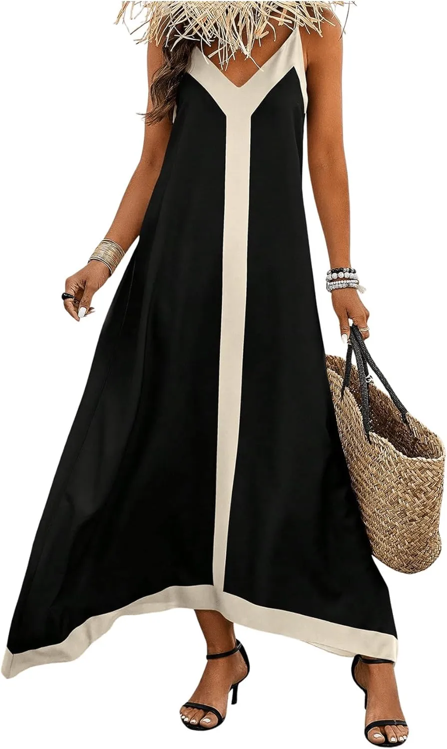 GORGLITTER Women's Sleeveless V Neck Oversized Maxi Long Dress Boho Bump Friendly Color Block Casual Beach Sun Dresses