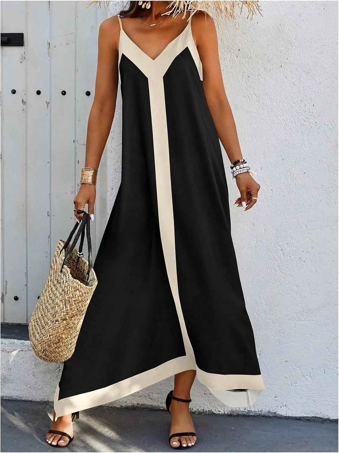 GORGLITTER Women's Sleeveless V Neck Oversized Maxi Long Dress Boho Bump Friendly Color Block Casual Beach Sun Dresses