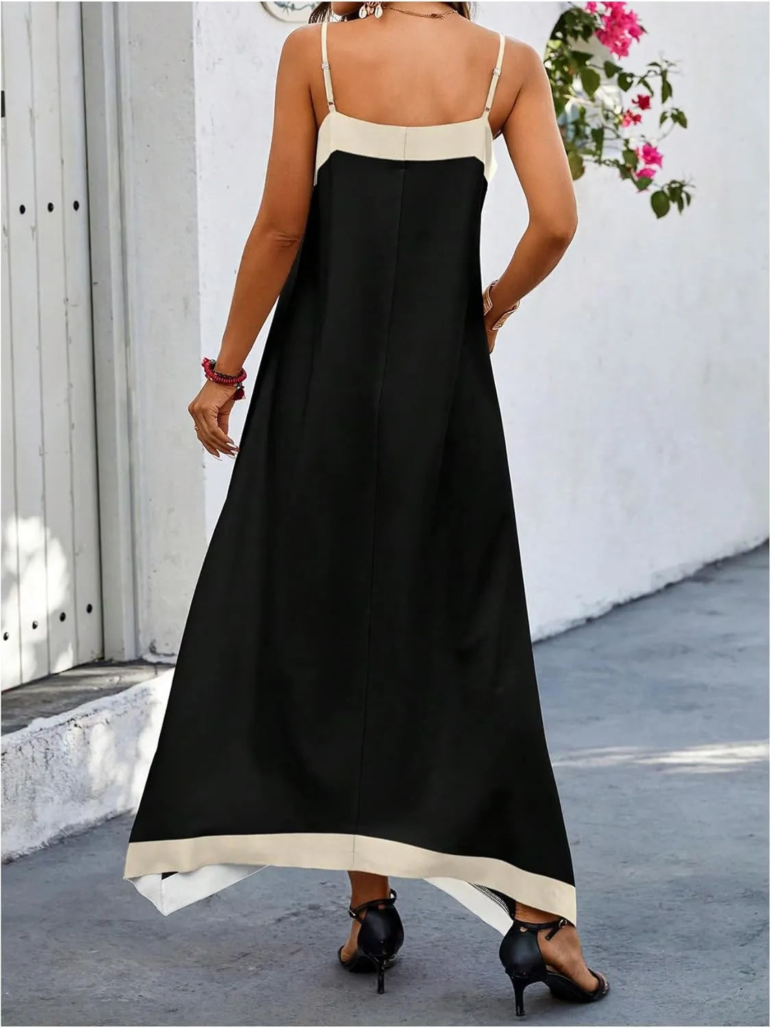 GORGLITTER Women's Sleeveless V Neck Oversized Maxi Long Dress Boho Bump Friendly Color Block Casual Beach Sun Dresses