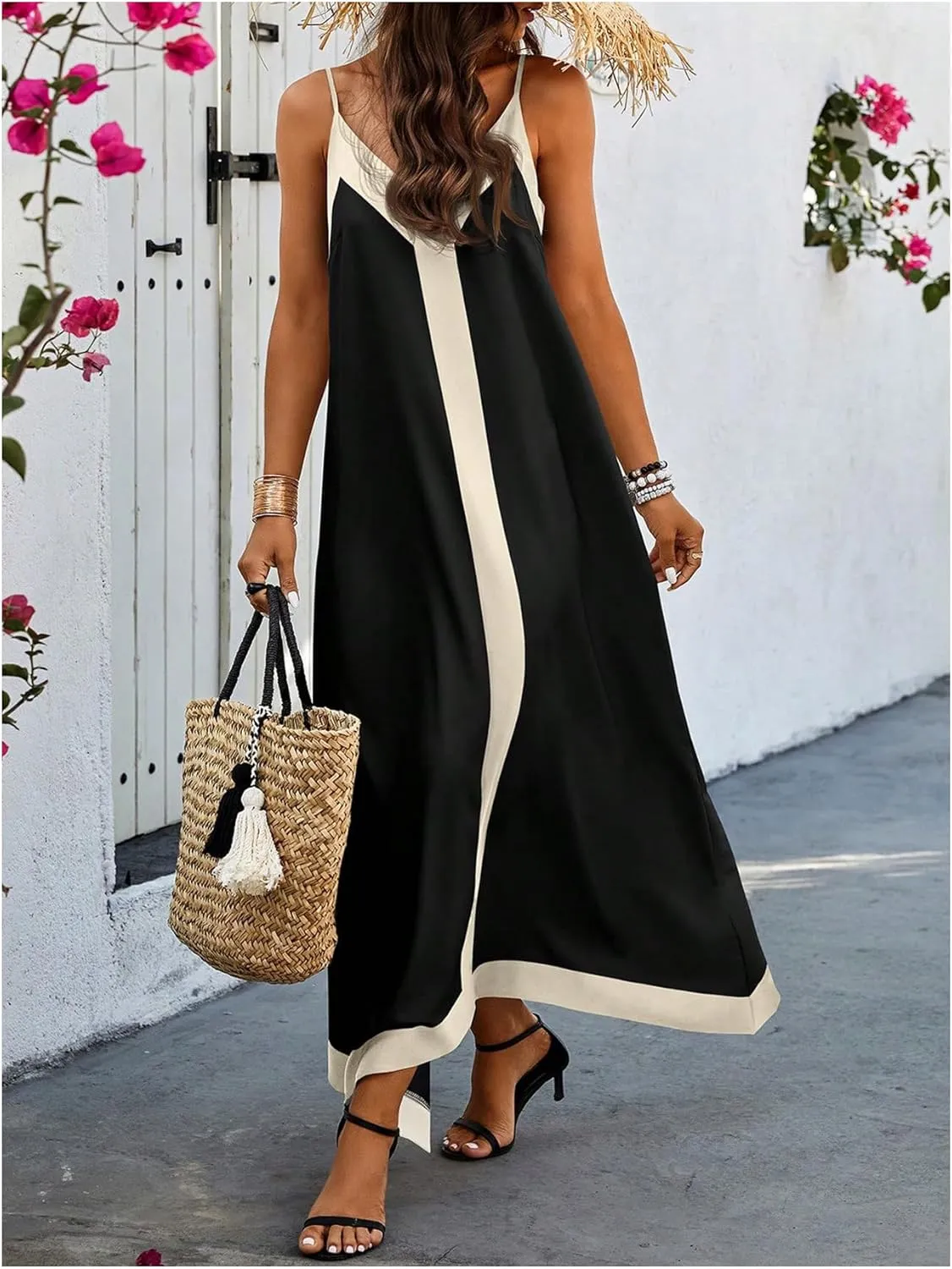GORGLITTER Women's Sleeveless V Neck Oversized Maxi Long Dress Boho Bump Friendly Color Block Casual Beach Sun Dresses