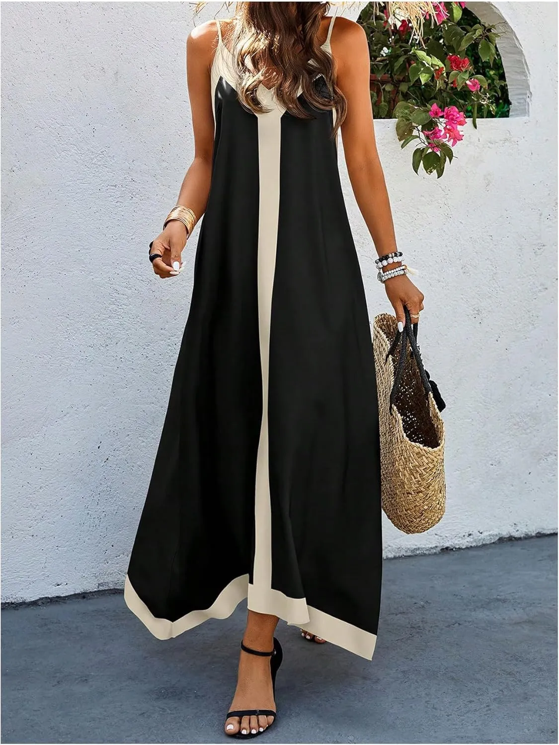 GORGLITTER Women's Sleeveless V Neck Oversized Maxi Long Dress Boho Bump Friendly Color Block Casual Beach Sun Dresses