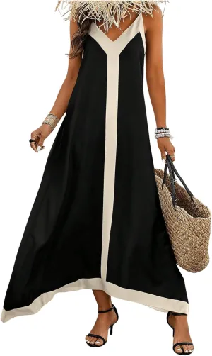 GORGLITTER Women's Sleeveless V Neck Oversized Maxi Long Dress Boho Bump Friendly Color Block Casual Beach Sun Dresses