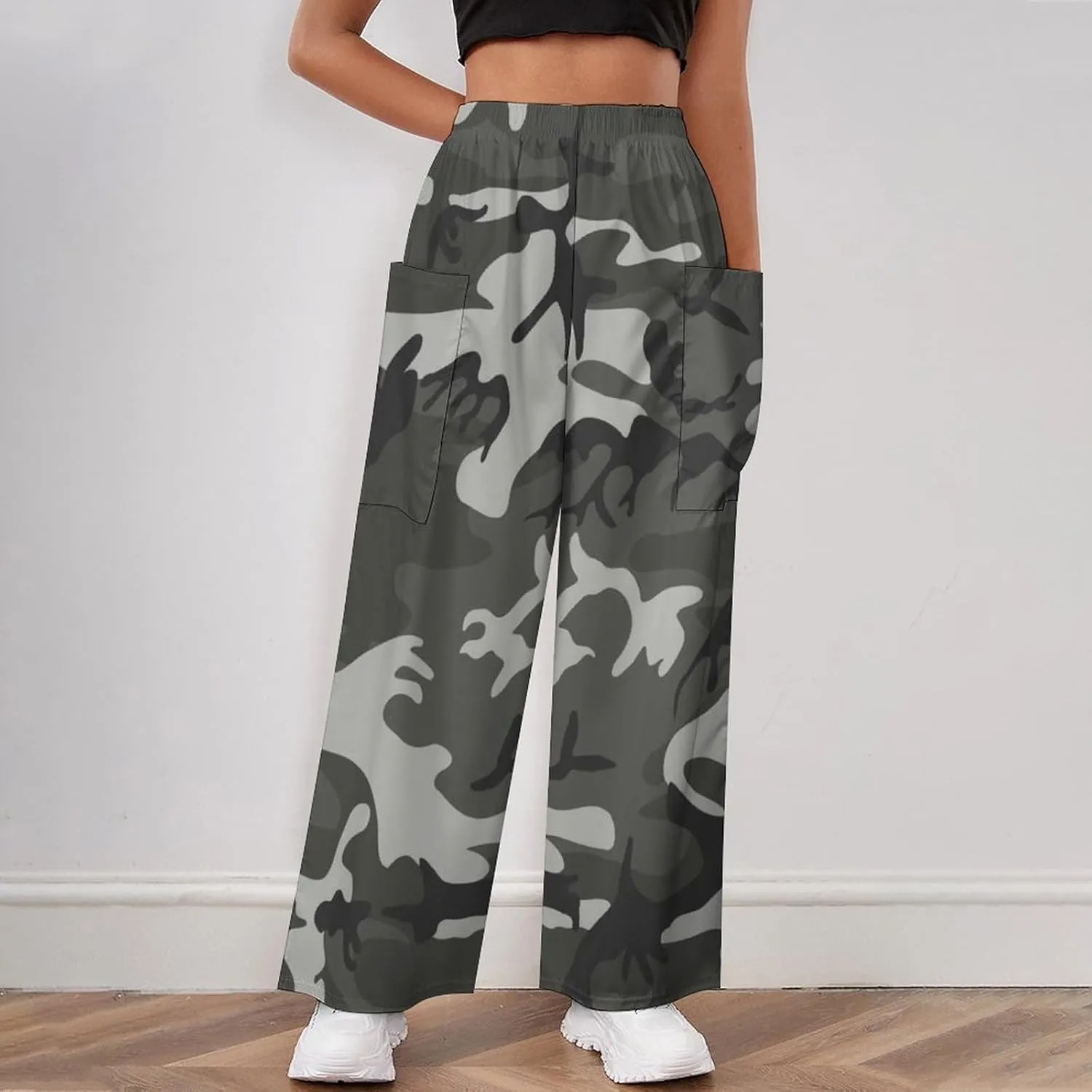 Gray Camouflage Women's Casual Pants Yoga Loose Wide Legs Trousers with Pockets High Waist