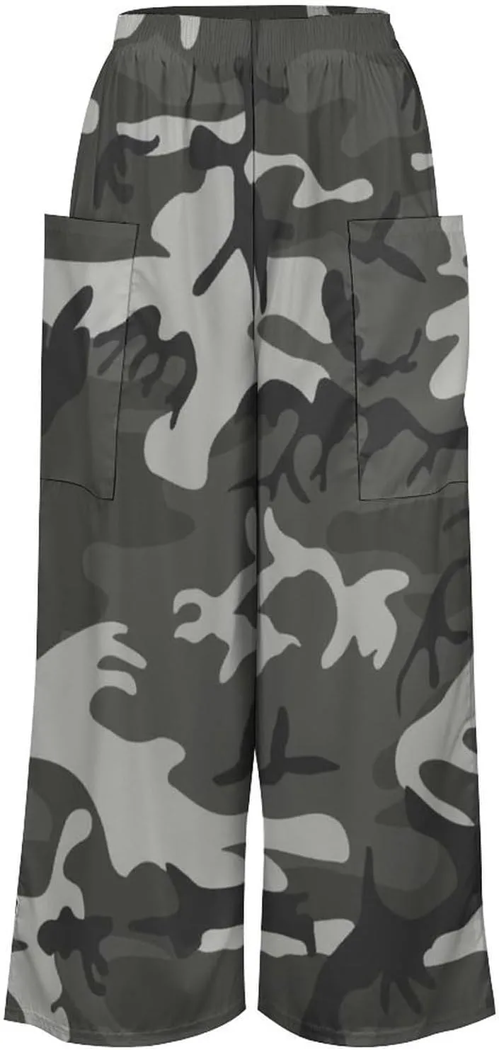 Gray Camouflage Women's Casual Pants Yoga Loose Wide Legs Trousers with Pockets High Waist