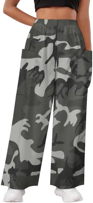 Gray Camouflage Women's Casual Pants Yoga Loose Wide Legs Trousers with Pockets High Waist