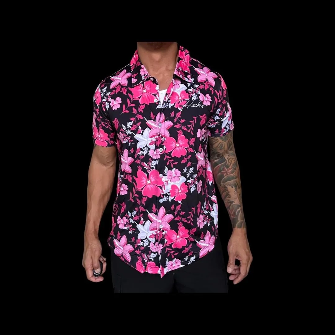 Hacker Hawaii Hawaiian Floral Flowers Vacation Button Down Style Shirt-New