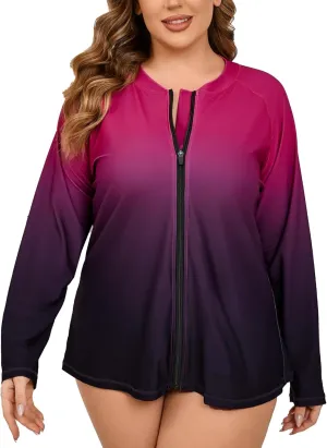 Halcurt Women's Plus Size Long Sleeve Rash Guard Shirts Full Zip Swim Top UPF50  Loose Fit Quick Dry Swimsuit