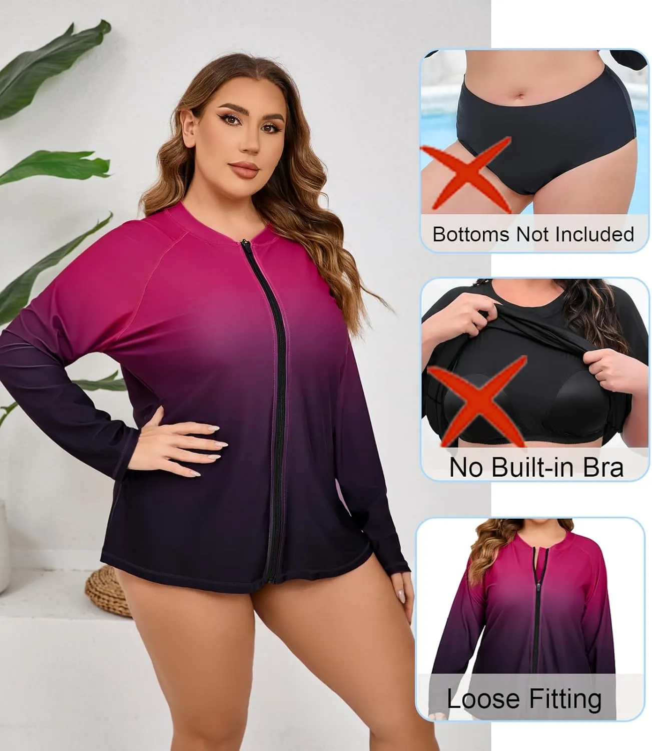 Halcurt Women's Plus Size Long Sleeve Rash Guard Shirts Full Zip Swim Top UPF50  Loose Fit Quick Dry Swimsuit