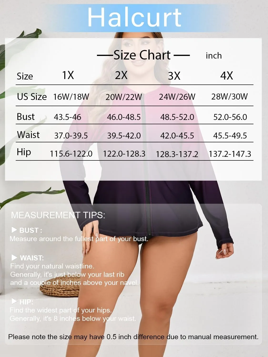 Halcurt Women's Plus Size Long Sleeve Rash Guard Shirts Full Zip Swim Top UPF50  Loose Fit Quick Dry Swimsuit