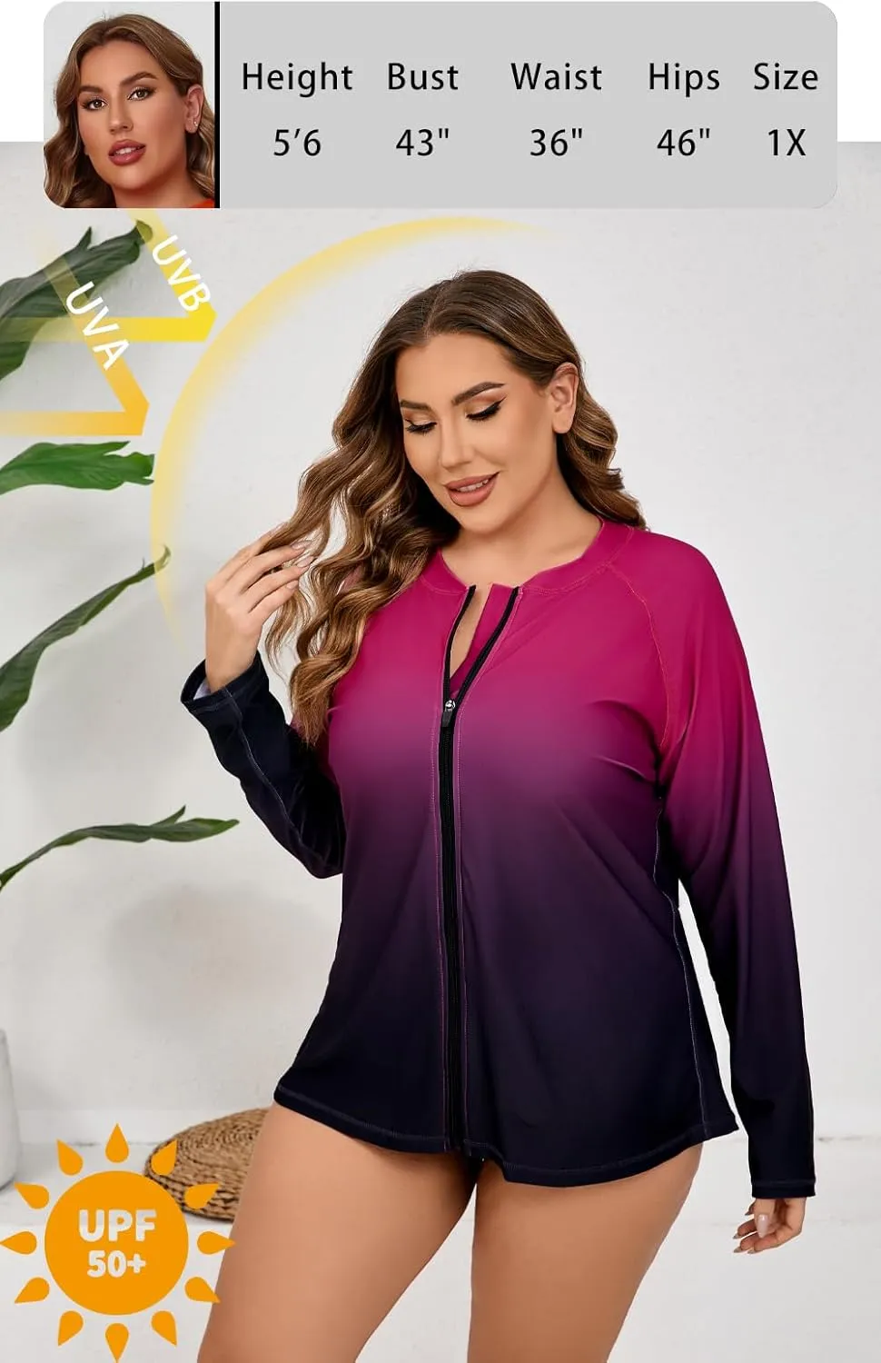 Halcurt Women's Plus Size Long Sleeve Rash Guard Shirts Full Zip Swim Top UPF50  Loose Fit Quick Dry Swimsuit