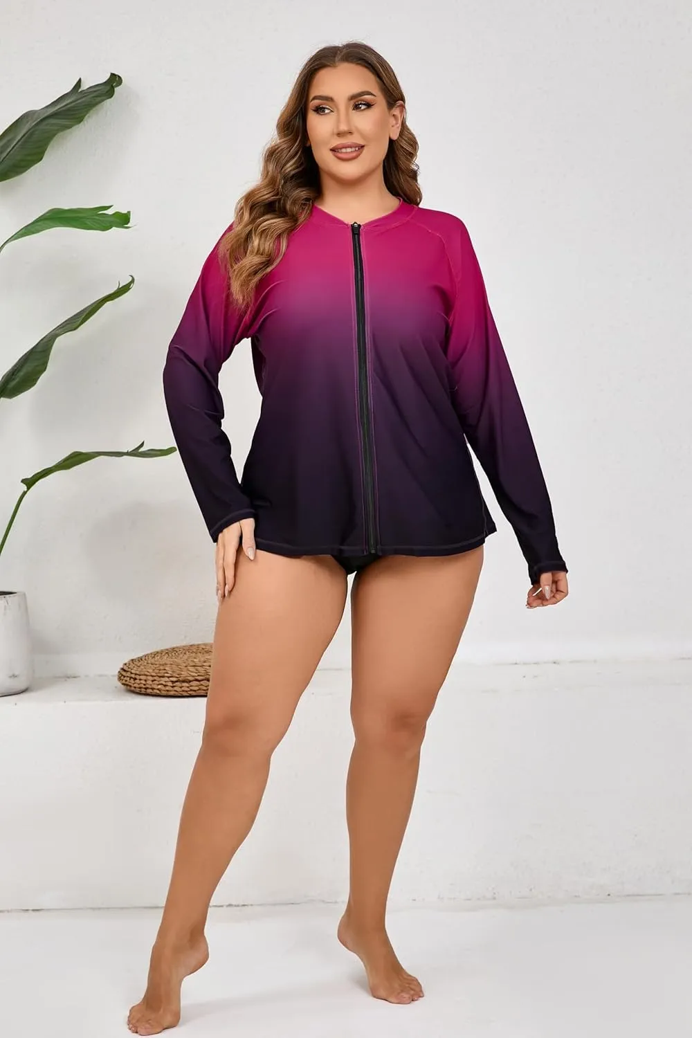 Halcurt Women's Plus Size Long Sleeve Rash Guard Shirts Full Zip Swim Top UPF50  Loose Fit Quick Dry Swimsuit