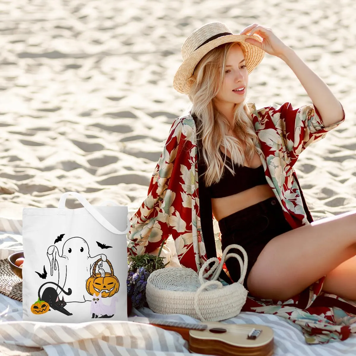 Halloween Stuff Skull Ghost Tote Bag Cat Lover Gifts for Fall Reusable Grocery Bags Wildflower Cute Tote