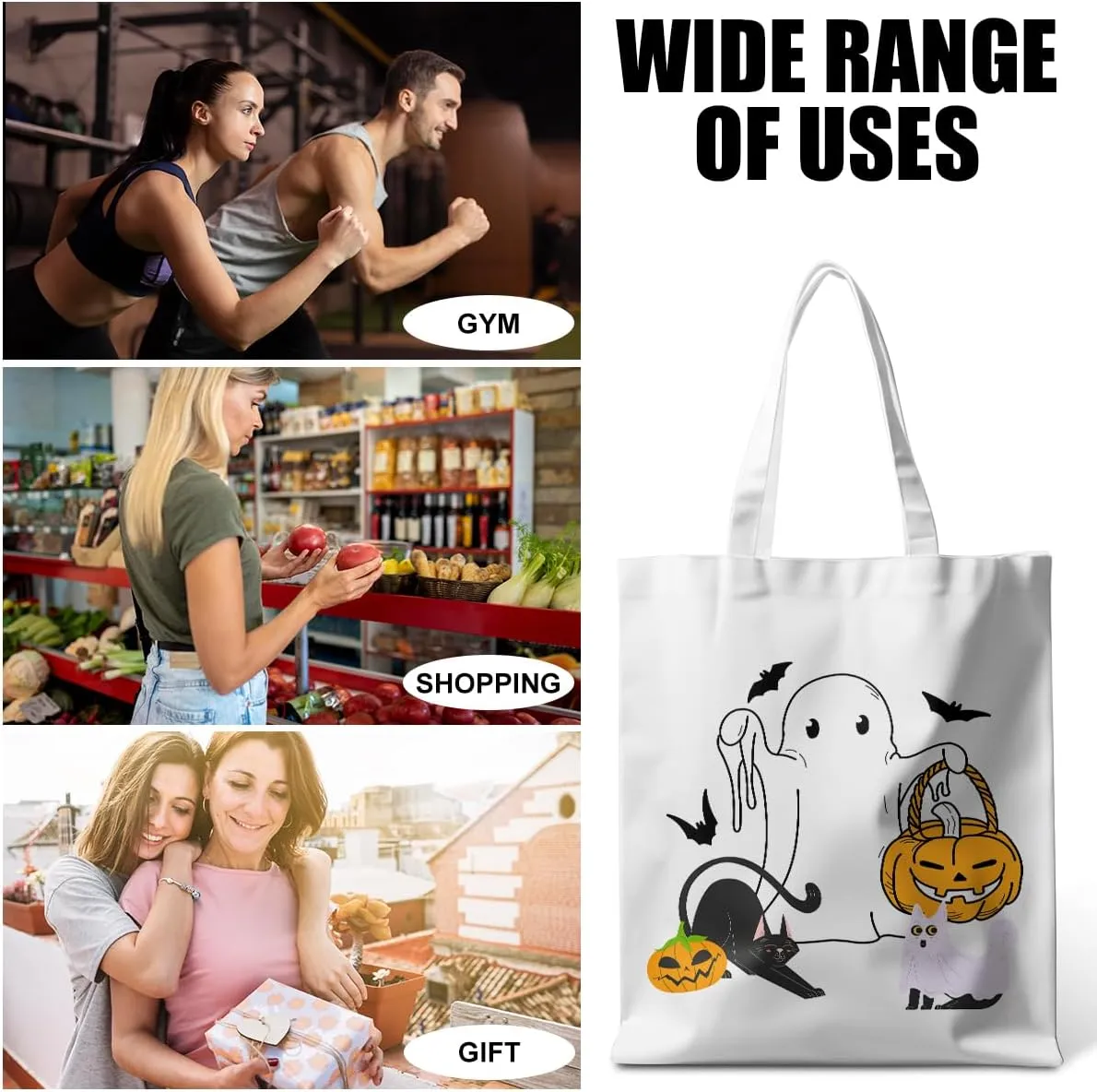 Halloween Stuff Skull Ghost Tote Bag Cat Lover Gifts for Fall Reusable Grocery Bags Wildflower Cute Tote