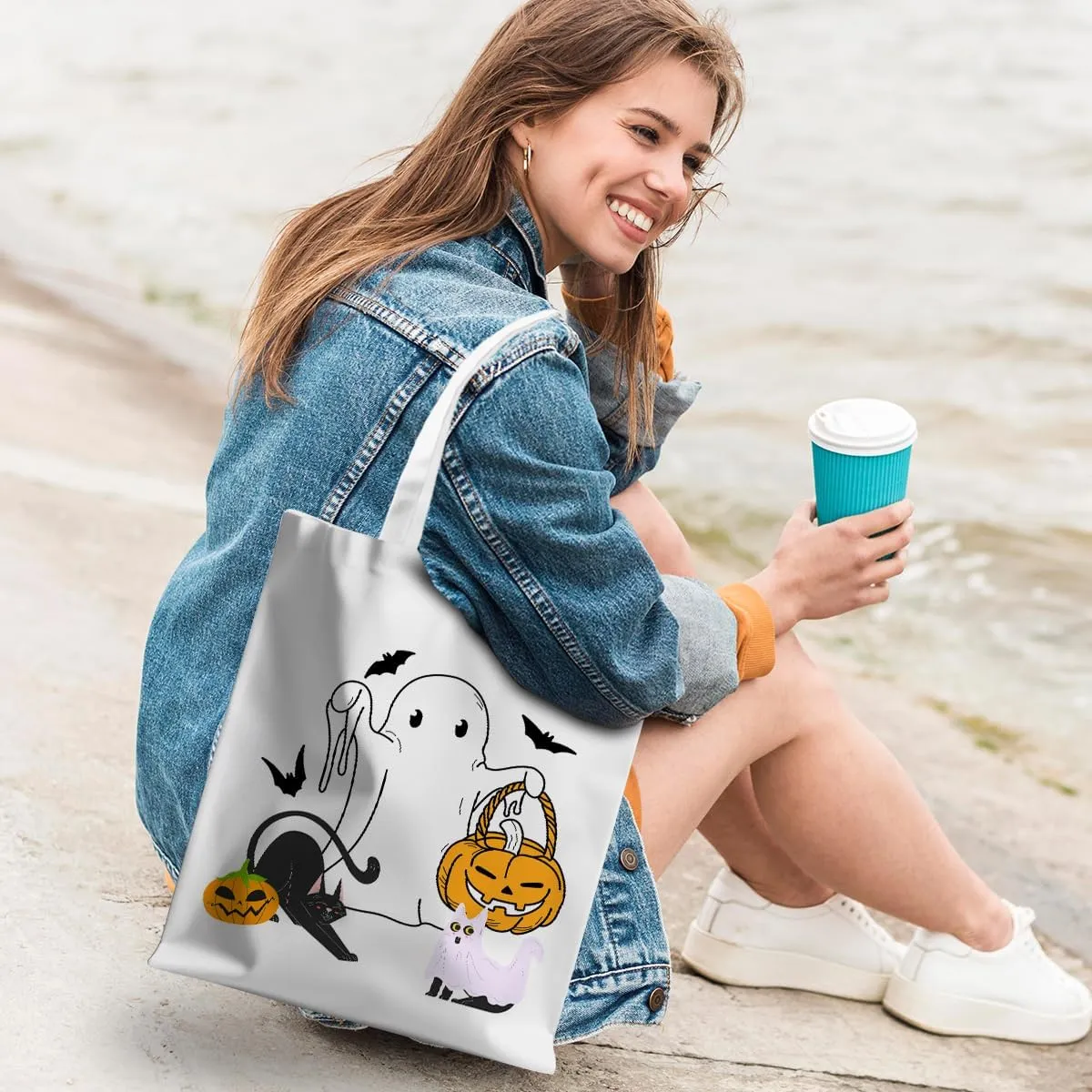 Halloween Stuff Skull Ghost Tote Bag Cat Lover Gifts for Fall Reusable Grocery Bags Wildflower Cute Tote