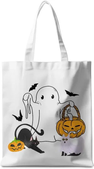 Halloween Stuff Skull Ghost Tote Bag Cat Lover Gifts for Fall Reusable Grocery Bags Wildflower Cute Tote