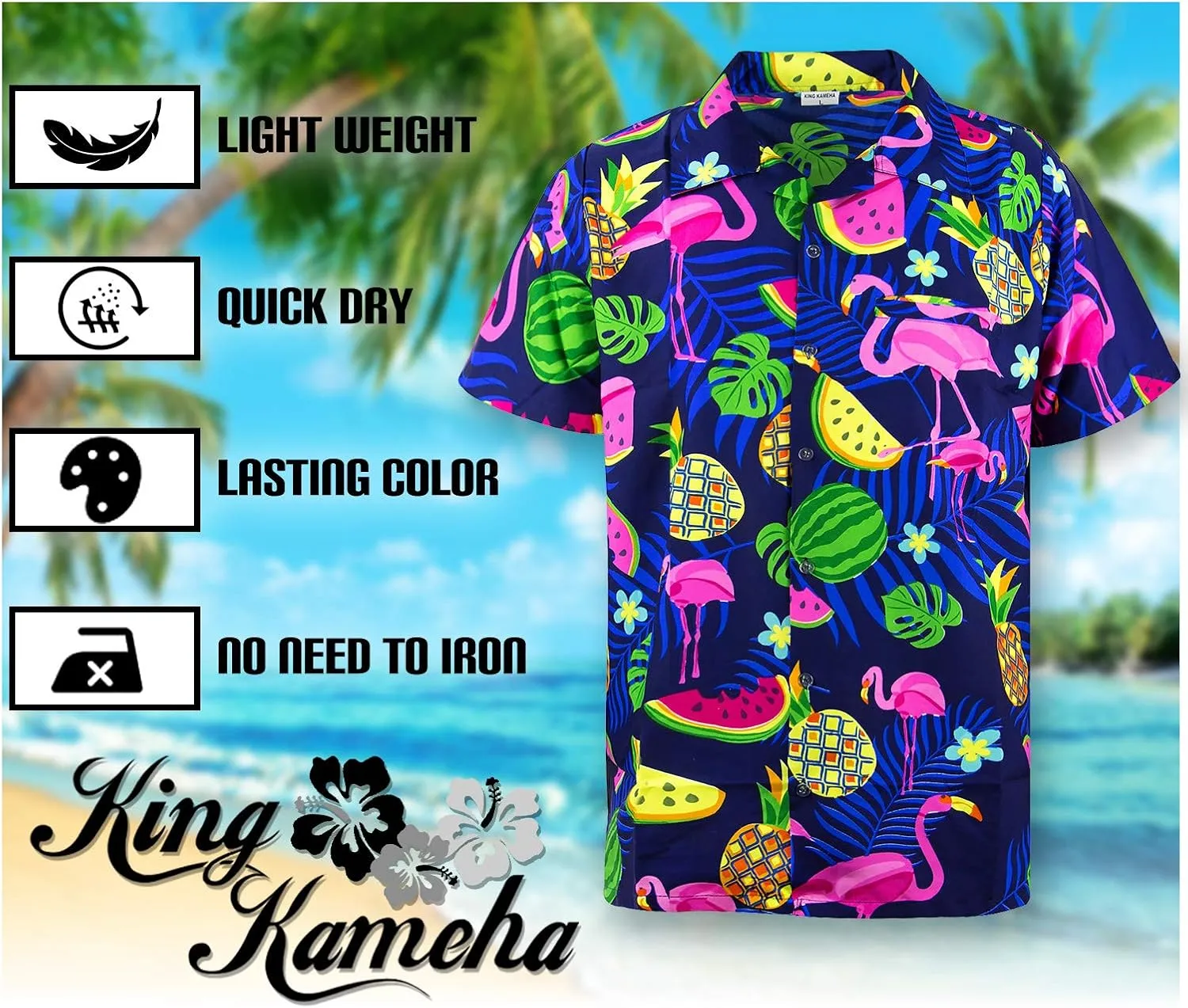 Hawaiian Shirt for Men Fruit-Desing Flamingos Regular-Shirts Short-Sleeve Button-Down Vacation