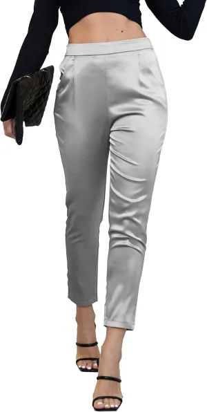 heipeiwa Women's Satin Pants Dress Casual Pleated Pull on High Waist Pants Baggy Front Tapered Trouser