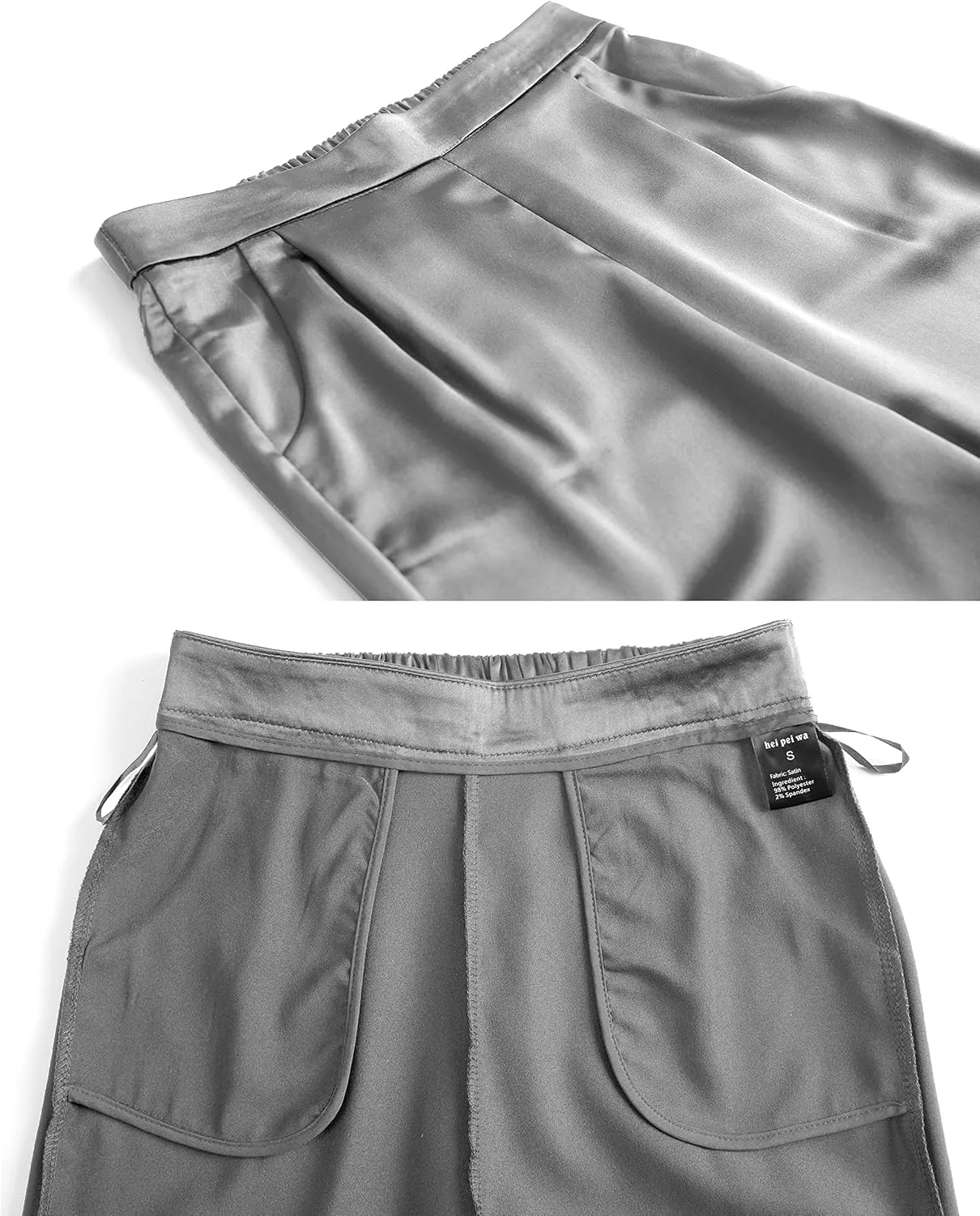 heipeiwa Women's Satin Pants Dress Casual Pleated Pull on High Waist Pants Baggy Front Tapered Trouser
