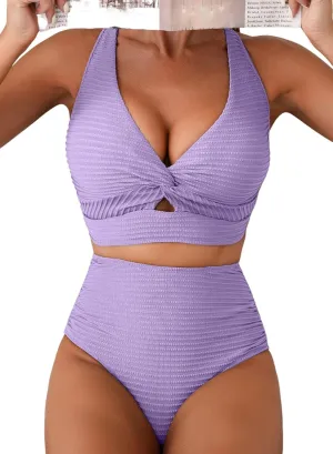 Herseas Women's Textured Bikini Sets Twist Front Top Swimsuits High Waisted Bathing Suits