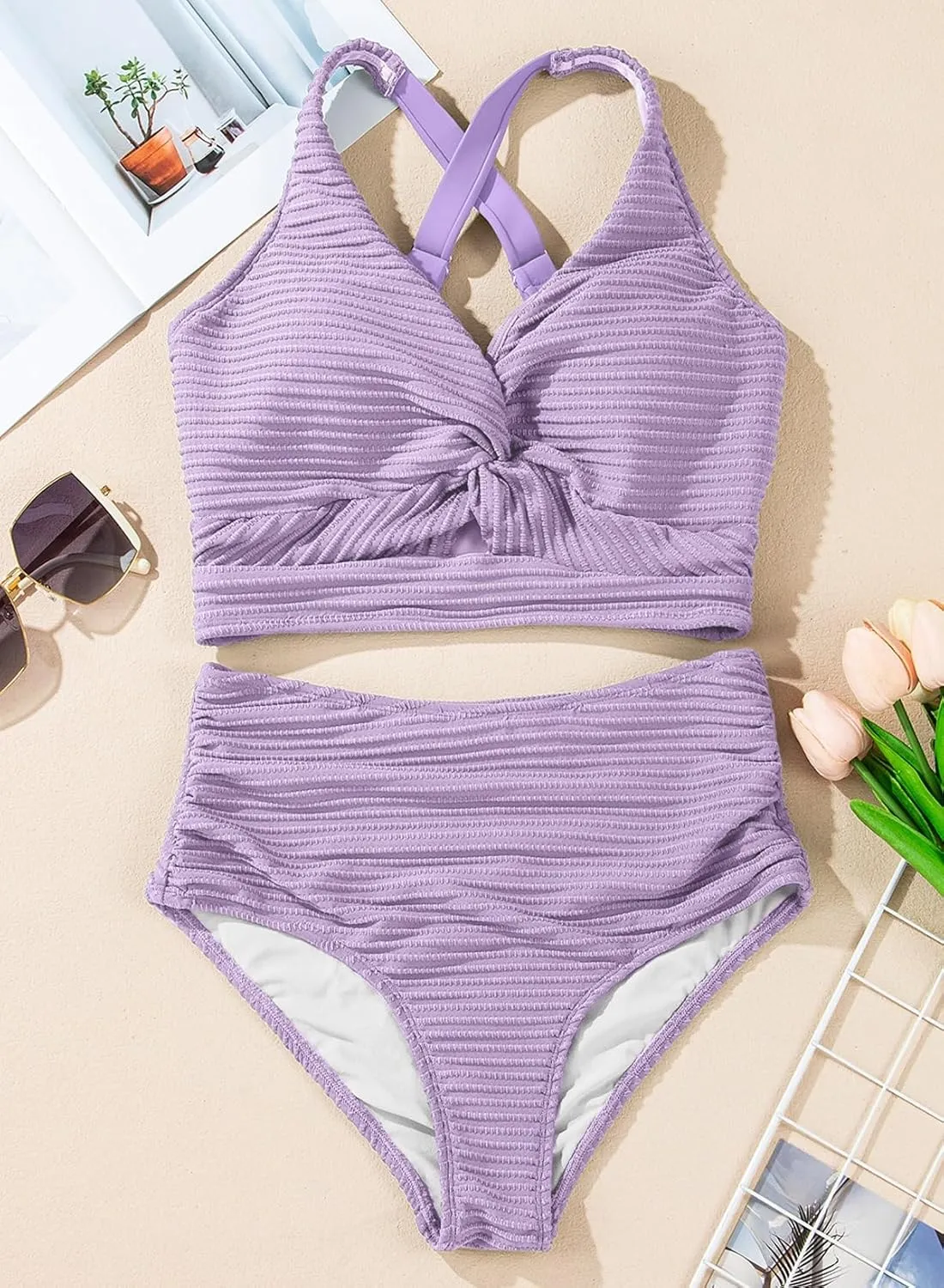 Herseas Women's Textured Bikini Sets Twist Front Top Swimsuits High Waisted Bathing Suits