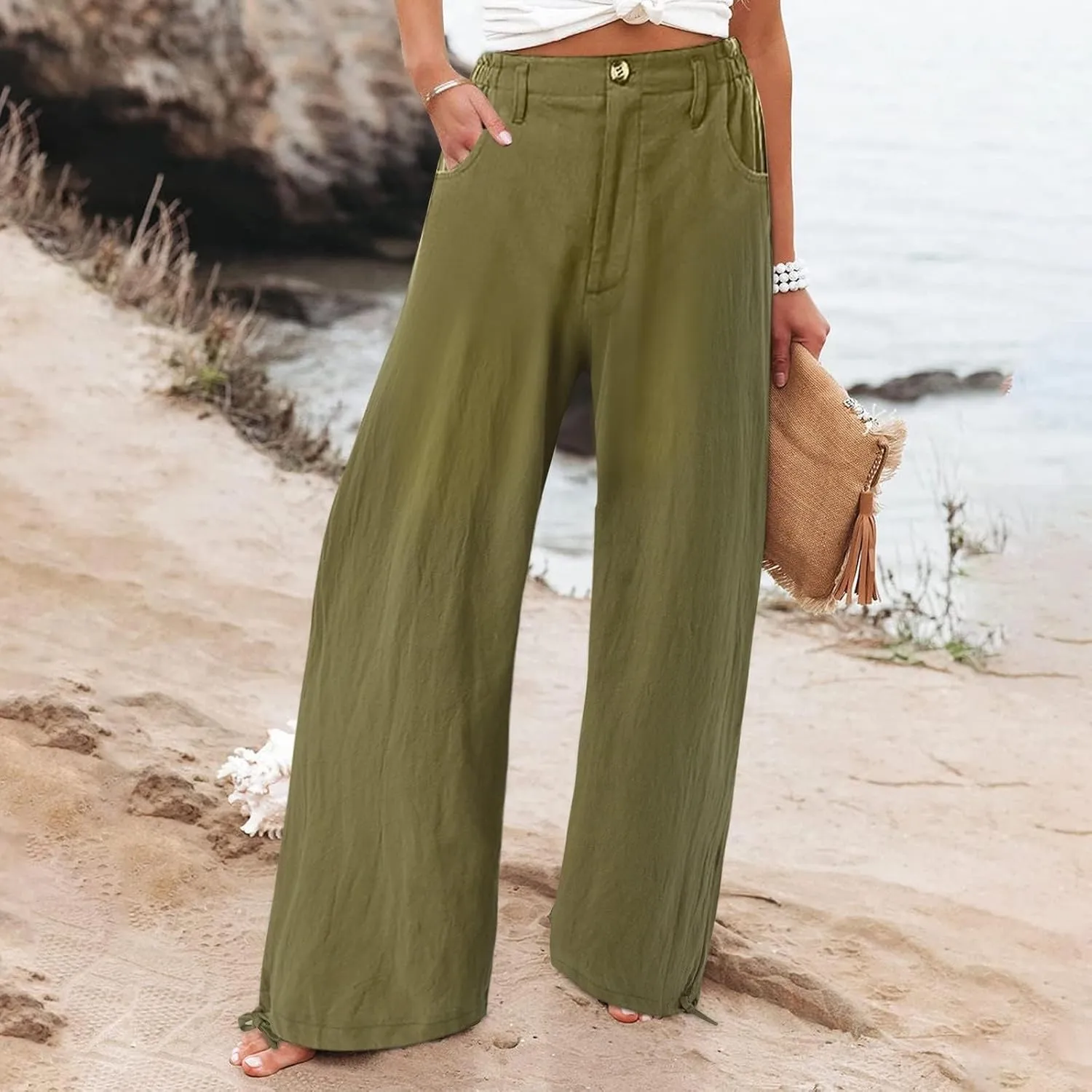 High Waisted Wide Leg Pants for Women 2024 Trendy Boho Flowy Palazzo Pant Summer Casual Lounge Trousers with Pockets