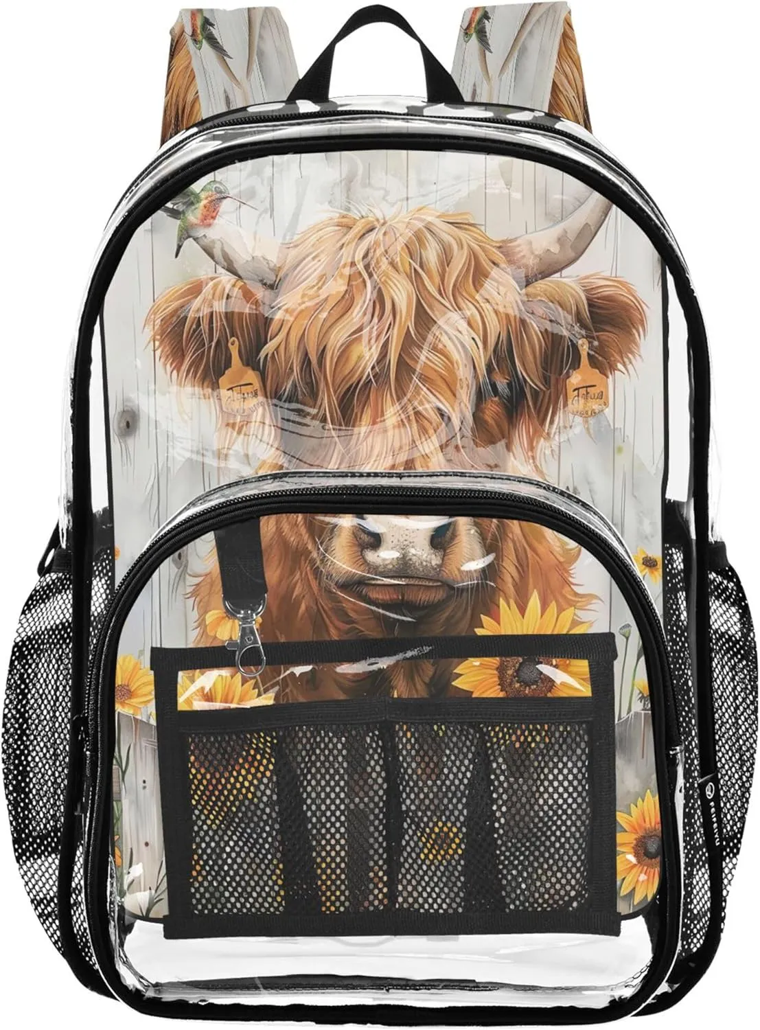 Highland Cow Fence Sunflower Girls Backpack, Clear Plastic Bags, Clear Backpack for Girls, Kids Backpack Boys