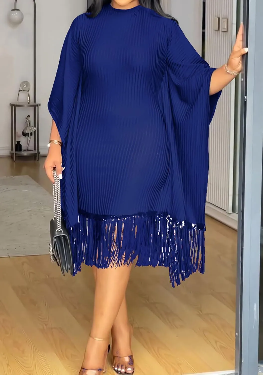 HuiSiFang Women's Casual Fringe Dress Sequin Pleated Tassel Batwing Dress Long Sleeve Plus Size Midi Dresses