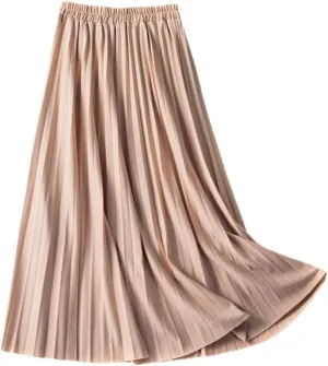 Jegsnoe Women's Pleated Midi Skirt Elastic High Waist Casual Long Preppy Maxi Skirt