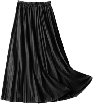 Jegsnoe Women's Pleated Midi Skirt Elastic High Waist Casual Long Preppy Maxi Skirt
